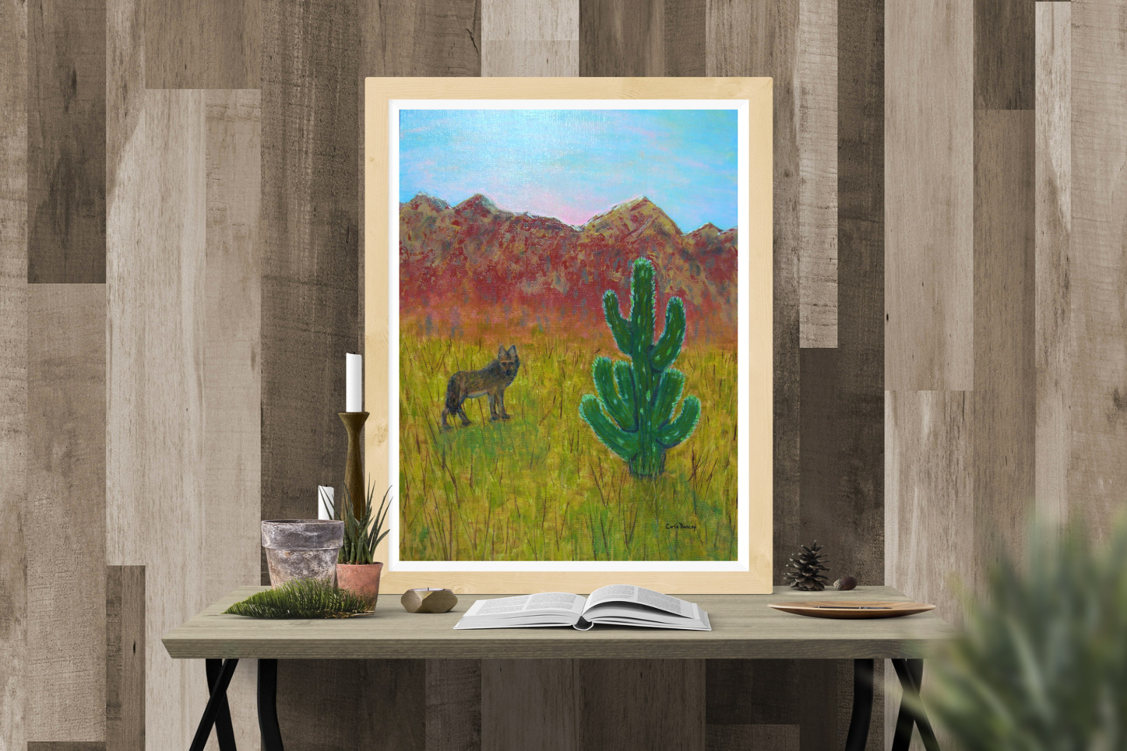 Original Desert Landscape Painting with Cactus and Wildlife