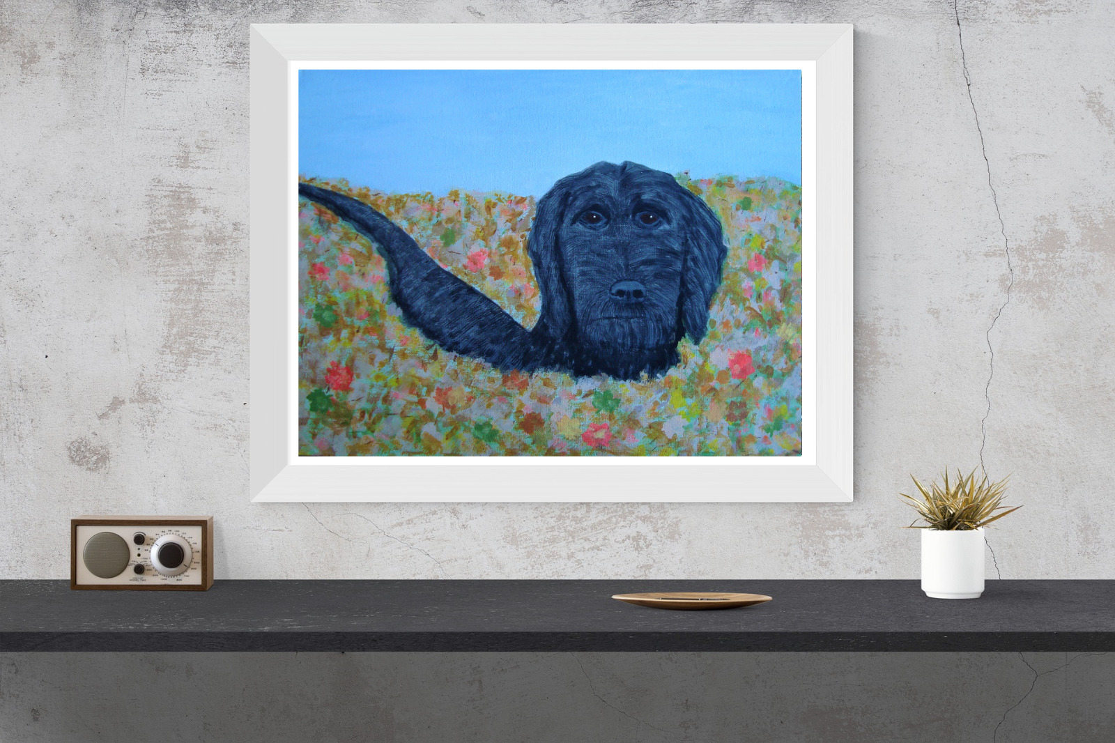 Original Signed Black Dog Painting - Vintage Gift