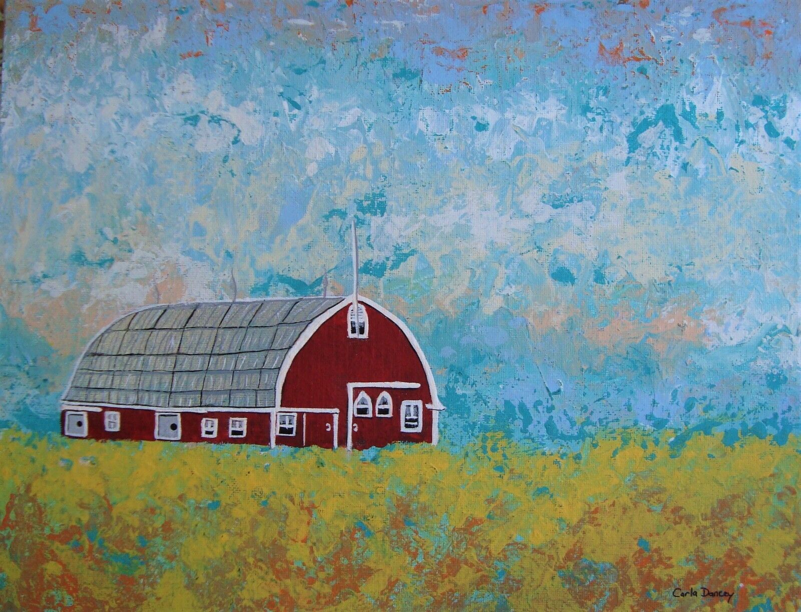Vintage Barn Red Landscape Painting, Signed