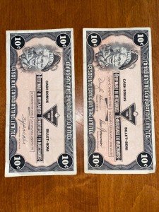 Set of 2 Vintage Canadian Tire Money - 10 Cents