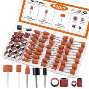 Sunxeke 64Pcs Sanding Bits for Dremel Rotary Tools, 42Pcs Aluminum Oxide Grinding Stones Sanding Drill Bits (1/8 inch Shank) and Sanding Drums, Grinding Bits for Metal Rust Removal Polishing