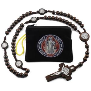 Dark Brown Saint Benedict Wooden Rosary with Pouch