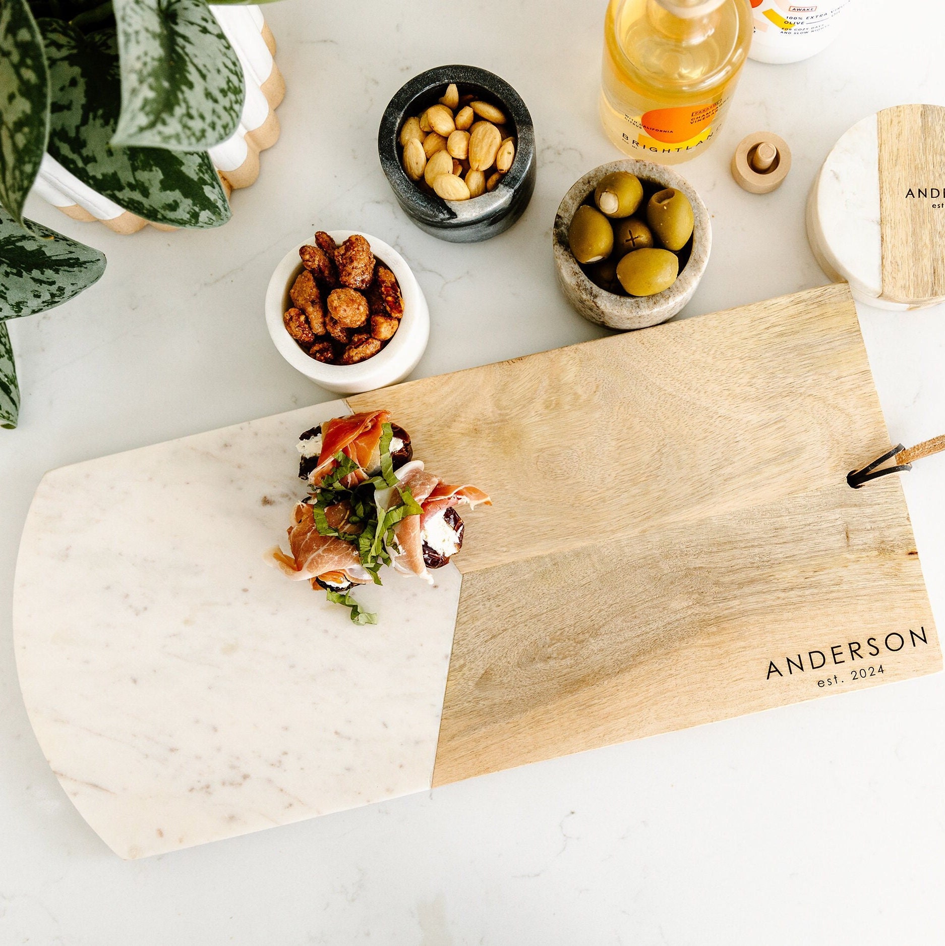 Personalized Marble and Wood Cheese Board Set