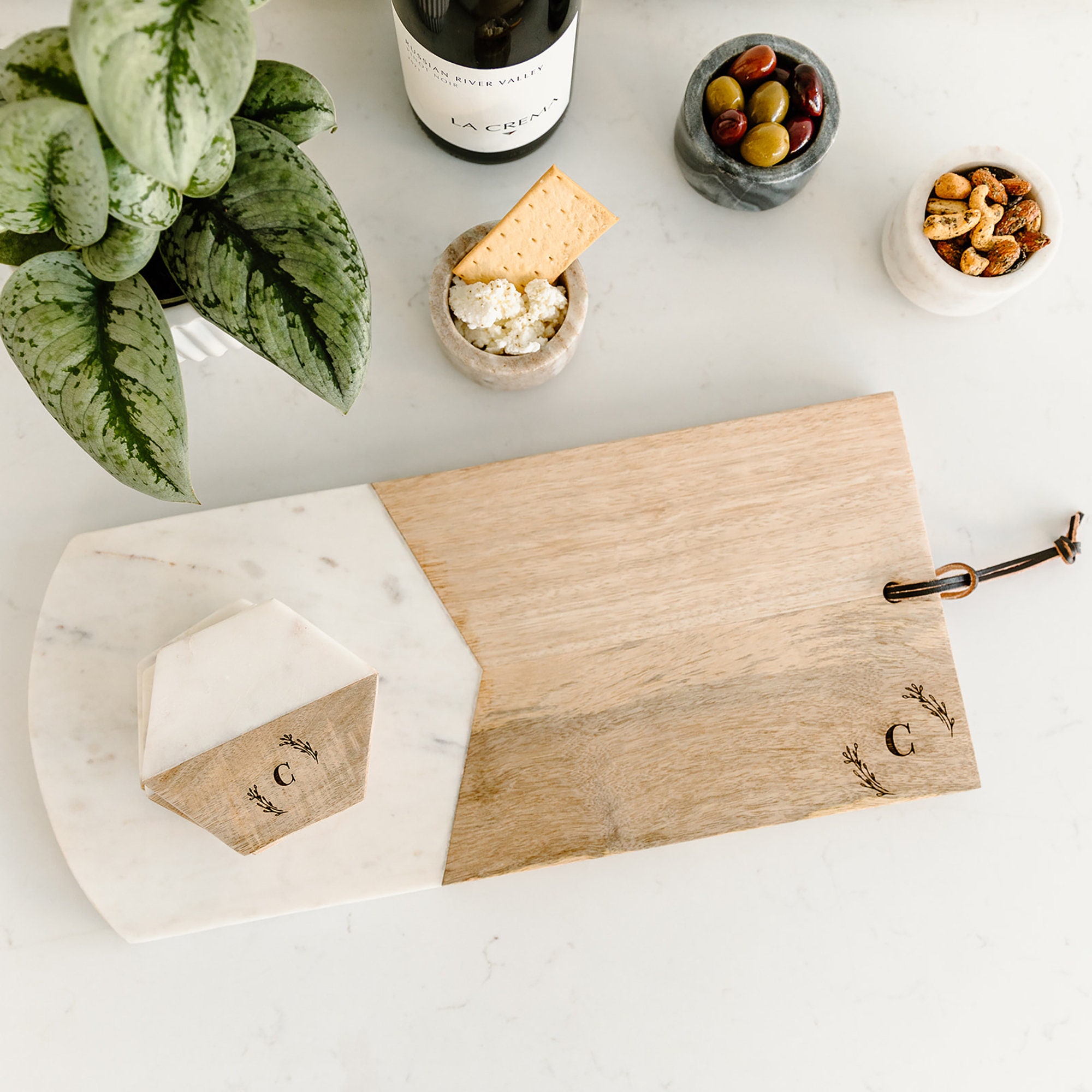 Personalized Marble and Wood Cheese Board Set