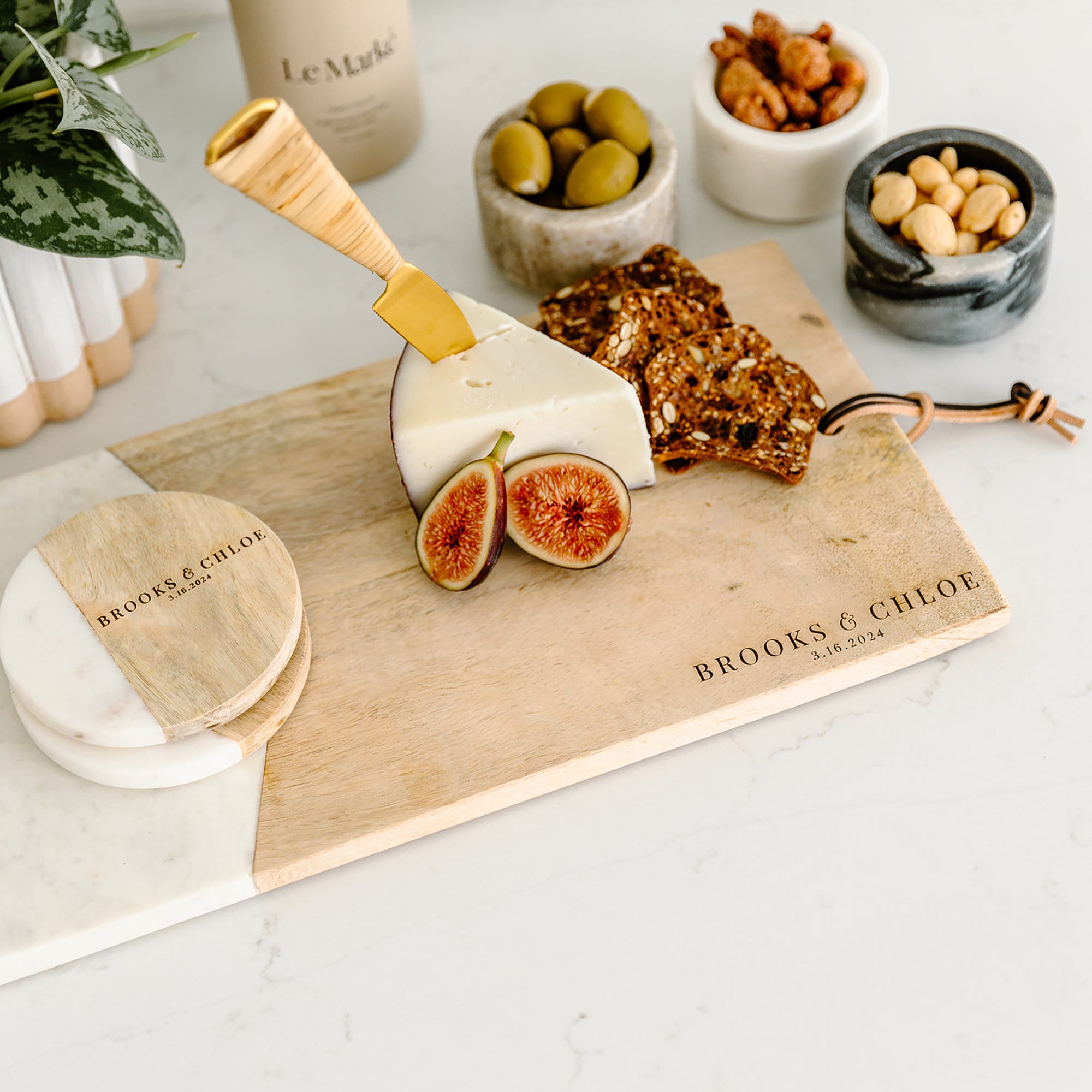 Personalized Marble and Wood Cheese Board Set