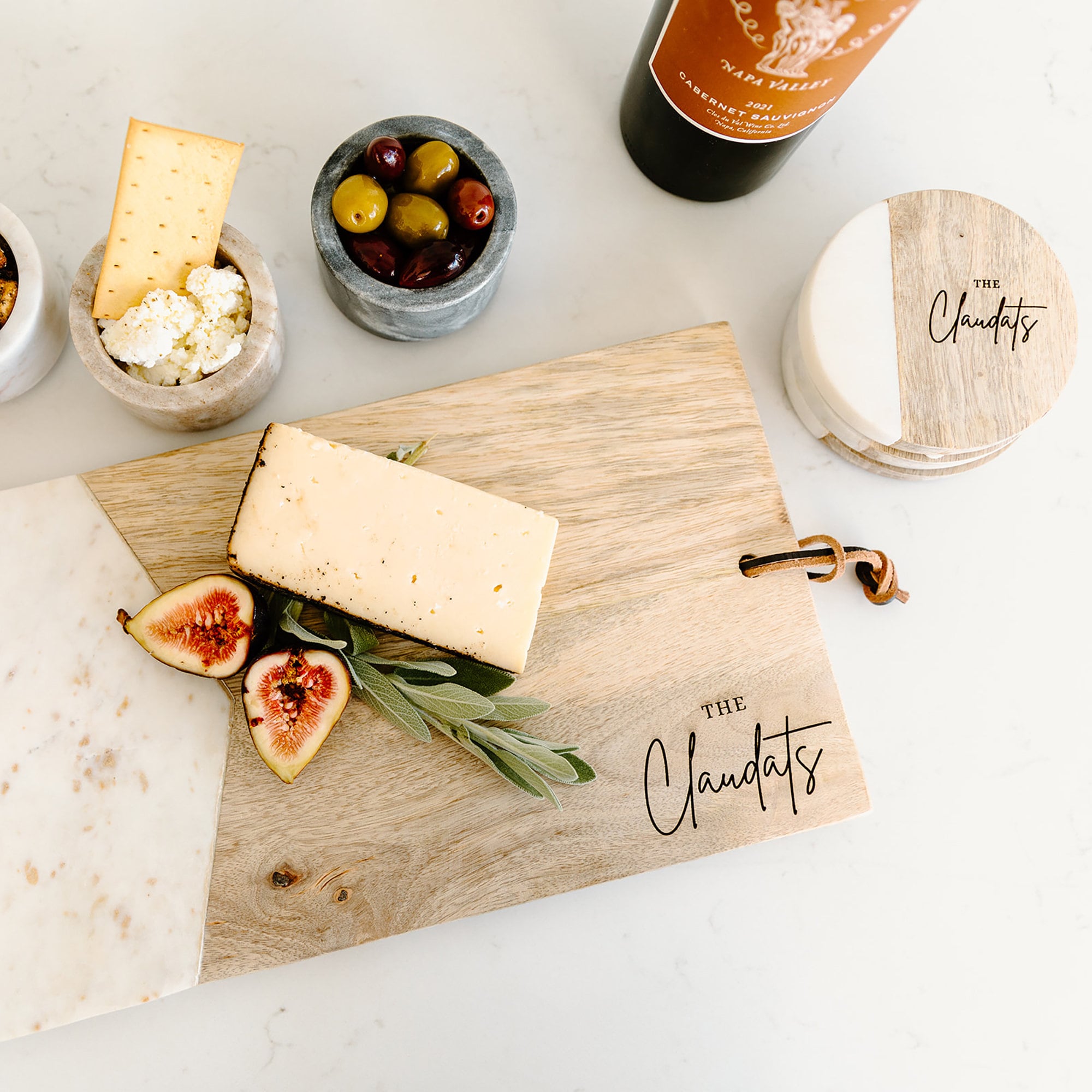 Personalized Marble and Wood Cheese Board Set