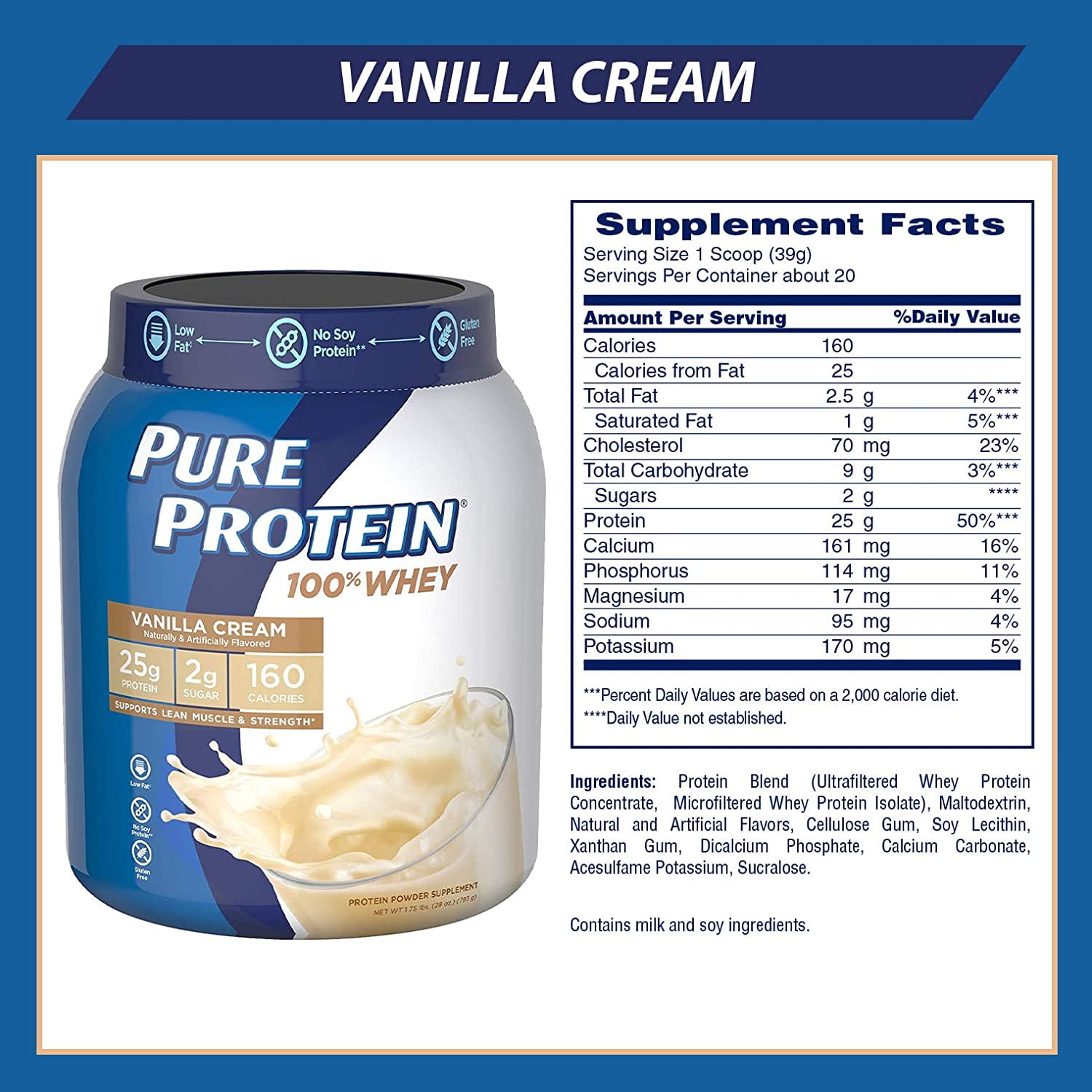 Vanilla Cream Whey Protein Powder, 1.75 lbs
