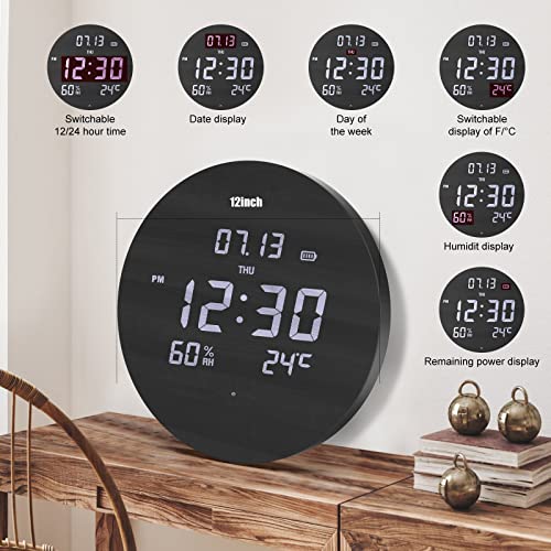 Silent 12" LED Wall Clock with Temperature/Humidity, Three Modes