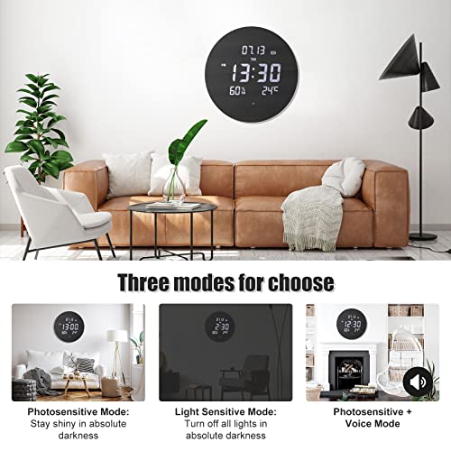 Silent 12" LED Wall Clock with Temperature/Humidity, Three Modes