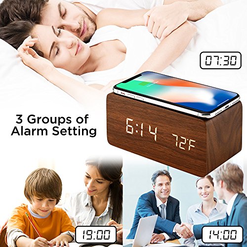 Wireless Charging Alarm Clock with LED for Bedroom