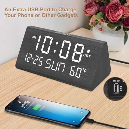Wooden Digital Alarm Clock with USB Ports - DreamSky