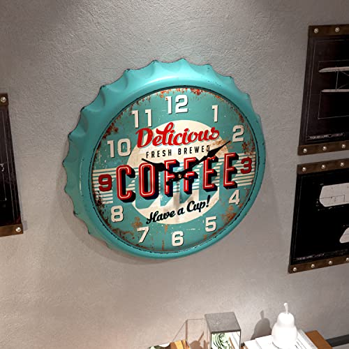 Vintage Iron Bottle Cap Design Wall Clock, 13" Blue