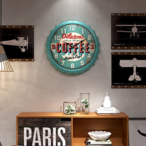 Vintage Iron Bottle Cap Design Wall Clock, 13" Blue