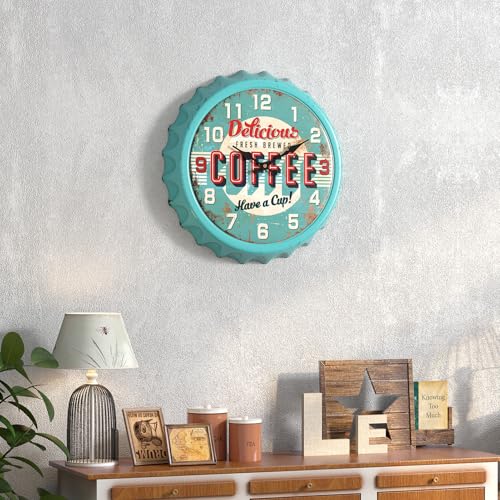 Vintage Iron Bottle Cap Design Wall Clock, 13" Blue