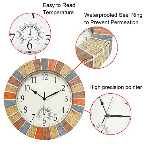 13 Inch Waterproof Outdoor Clock and Thermometer (Yellow)