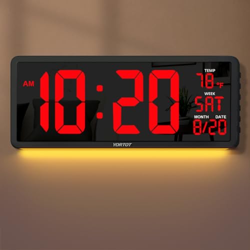 YORTOT 16” Large Digital Wall Clock - Remote Controlled, Adjustable Dimmer, 7 Color Night Lights