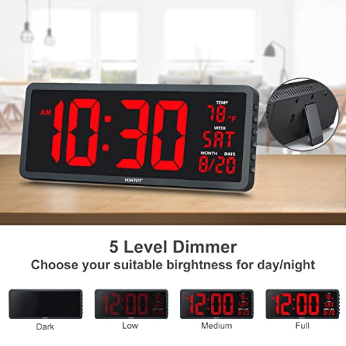 YORTOT 16” Large Digital Wall Clock - Remote Controlled, Adjustable Dimmer, 7 Color Night Lights