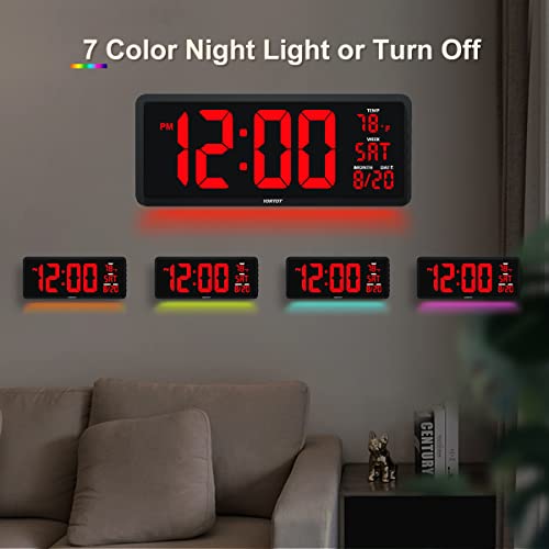 YORTOT 16” Large Digital Wall Clock - Remote Controlled, Adjustable Dimmer, 7 Color Night Lights