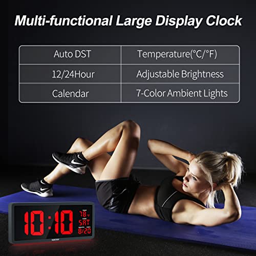 YORTOT 16” Large Digital Wall Clock - Remote Controlled, Adjustable Dimmer, 7 Color Night Lights