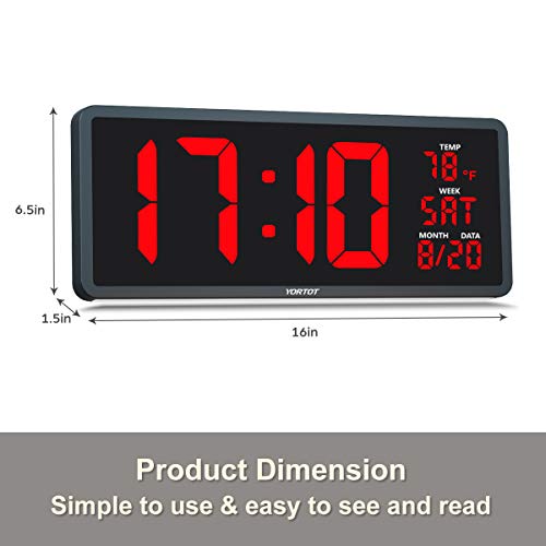 YORTOT 16” Large Digital Wall Clock - Remote Controlled, Adjustable Dimmer, 7 Color Night Lights