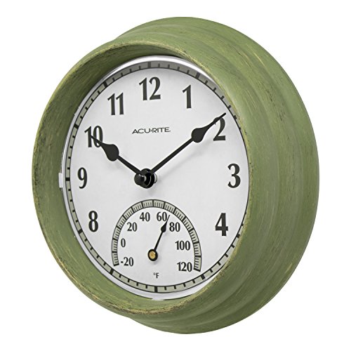 Rustic Green Outdoor Clock with Thermometer, 8.5