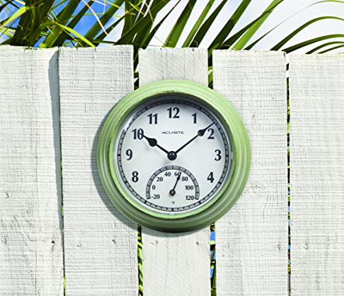 Rustic Green Outdoor Clock with Thermometer, 8.5