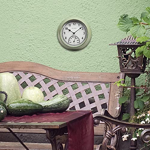 Rustic Green Outdoor Clock with Thermometer, 8.5