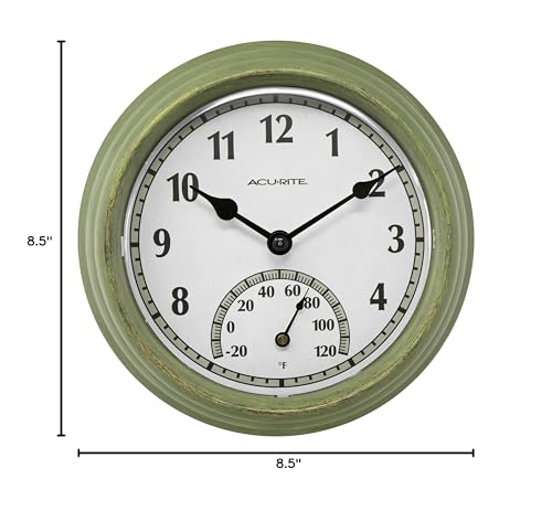 Rustic Green Outdoor Clock with Thermometer, 8.5