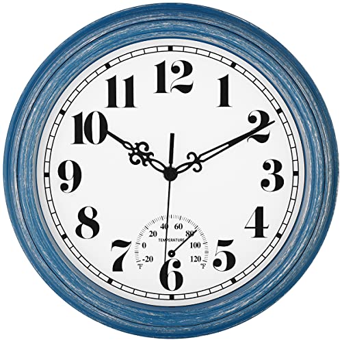 12 Inch Waterproof Wall Clock with Thermometer (Blue)