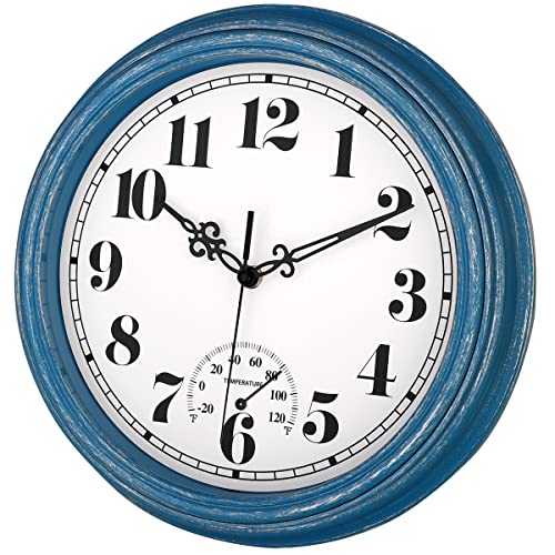 12 Inch Waterproof Wall Clock with Thermometer (Blue)
