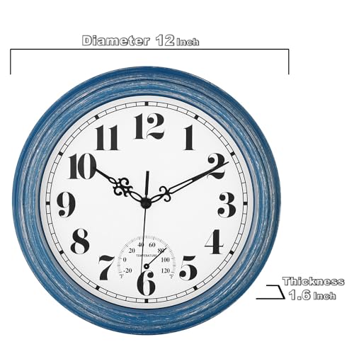 12 Inch Waterproof Wall Clock with Thermometer (Blue)