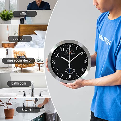 HITO 10 Inch Silent Wall Clock Silver Aluminum Frame