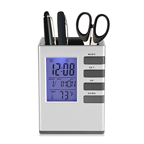 LED Desk Clock with Alarm, Pen Holder, Temperature Display