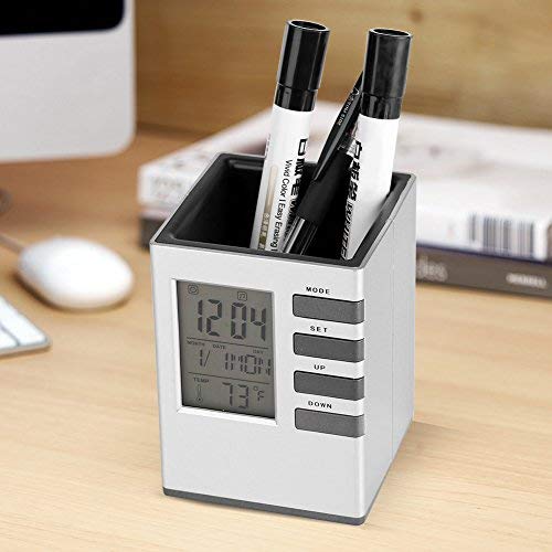 LED Desk Clock with Alarm, Pen Holder, Temperature Display