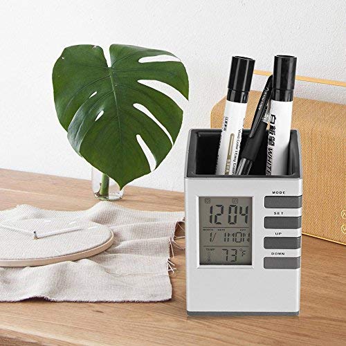 LED Desk Clock with Alarm, Pen Holder, Temperature Display