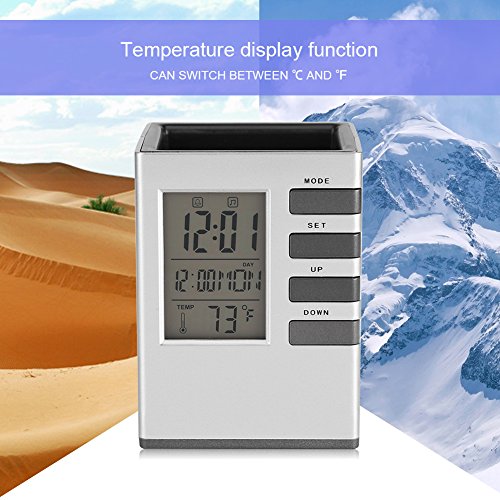 LED Desk Clock with Alarm, Pen Holder, Temperature Display