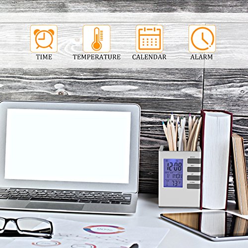 LED Desk Clock with Alarm, Pen Holder, Temperature Display