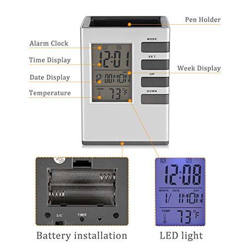 LED Desk Clock with Alarm, Pen Holder, Temperature Display