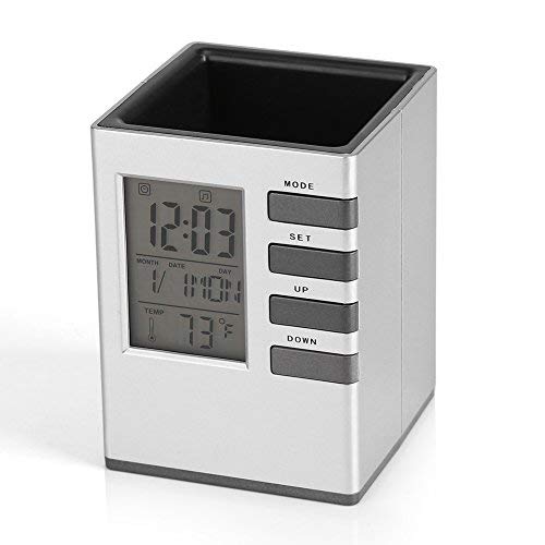 LED Desk Clock with Alarm, Pen Holder, Temperature Display