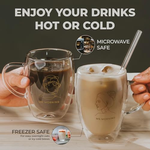 GLORAMA Couple's Glass Coffee Mugs - Insulated Line-Art Set (14oz)