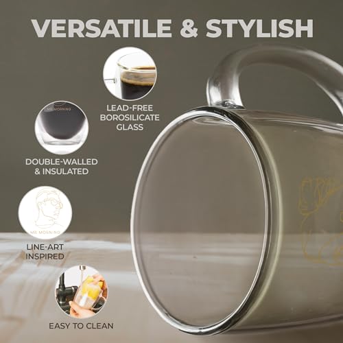 GLORAMA Couple's Glass Coffee Mugs - Insulated Line-Art Set (14oz)