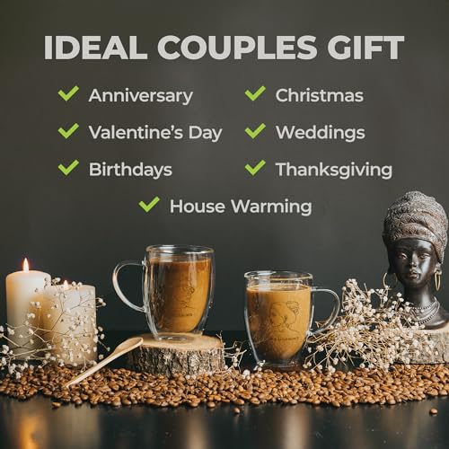 GLORAMA Couple's Glass Coffee Mugs - Insulated Line-Art Set (14oz)