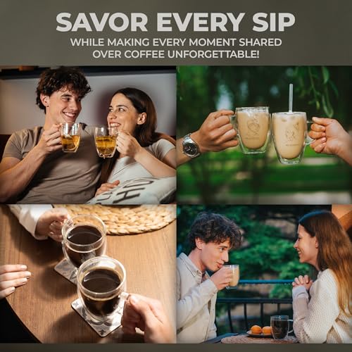 GLORAMA Couple's Glass Coffee Mugs - Insulated Line-Art Set (14oz)