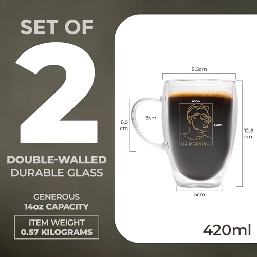 GLORAMA Couple's Glass Coffee Mugs - Insulated Line-Art Set (14oz)