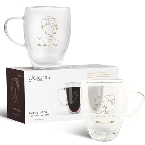 GLORAMA Couple's Glass Coffee Mugs - Insulated Line-Art Set (14oz)