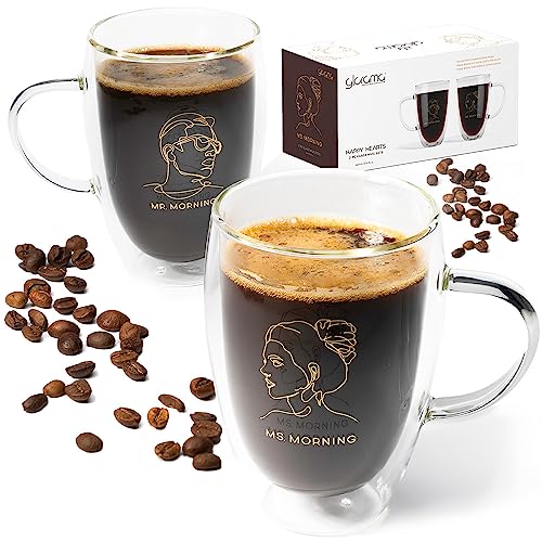 GLORAMA Couple's Glass Coffee Mugs - Insulated Line-Art Set (14oz)