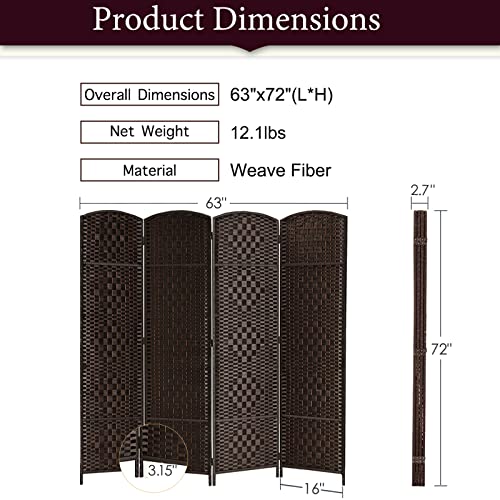 6ft Tall Folding Room Divider Privacy Screen, 4 Panels