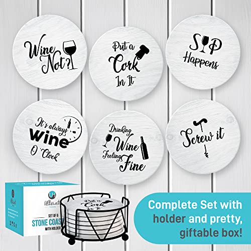 Funny Sayings Coasters - 6 Pcs Gift Set, Wine Lovers