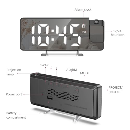 Projection Alarm Clock with Rotatable Projector and Large Display