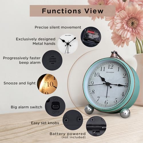 Peakeep 4" Retro Analog Alarm Clock - Desk/Table Gift